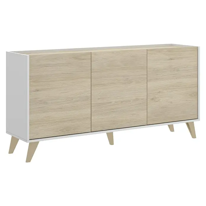 Dekit Aparador Ness - L x An x Al: 43 x 155 x 75 cm, Natural/Blanco - Aparador elegante con tres puertas y aspecto de madera. Perfecto para salas de estar y comedores. Ofrece amplio espacio de almacenamiento y un diseño moderno.