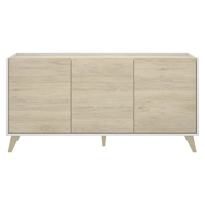 Dekit Aparador Ness - L x An x Al: 43 x 155 x 75 cm, Natural/Blanco - Aparador moderno con acabado en aspecto de madera, marco blanco y patas, perfecto para salones o comedores. Almacenamiento tras tres puertas.