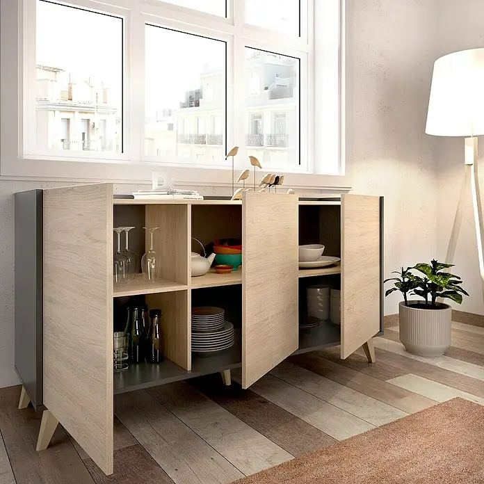 Dekit Aparador Ness - L x An x Al: 43 x 155 x 75 cm, Natural/Grafito - Aparador moderno en madera y gris con estantes para vasos, platos y decoraciones, ideal para comedor o sala de estar.