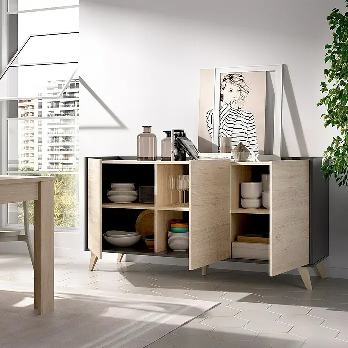 Dekit Aparador Ness - L x An x Al: 43 x 155 x 75 cm, Natural/Grafito - Elegante aparador en gris y aspecto de madera con almacenaje abierto para platos, vasos y objetos decorativos, ideal para salones y comedores.
