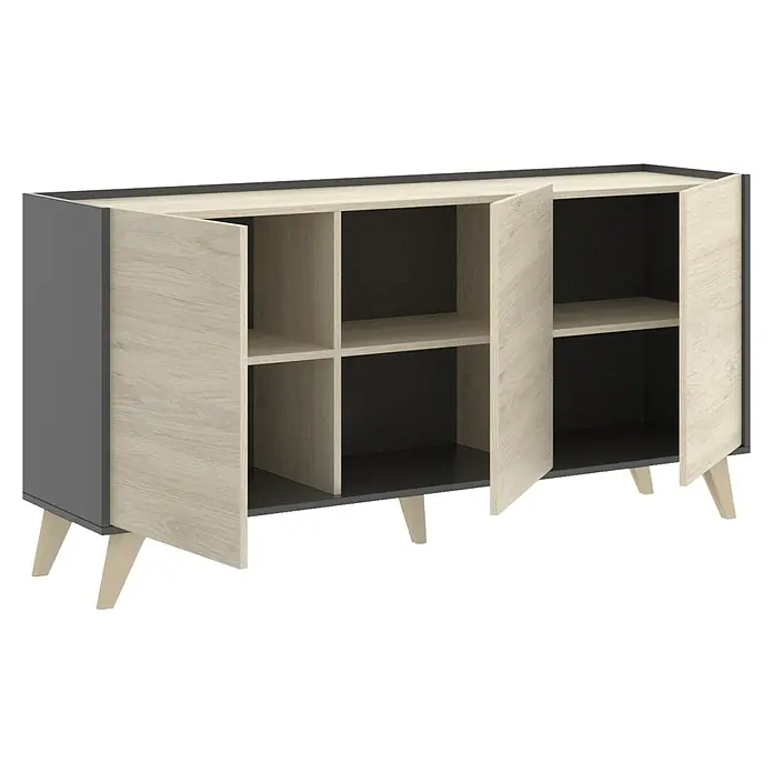 Dekit Aparador Ness - L x An x Al: 43 x 155 x 75 cm, Natural/Grafito - El aparador ofrece amplio espacio con estantes abiertos y puertas. El aspecto de madera y los detalles en gris lo hacen destacar.