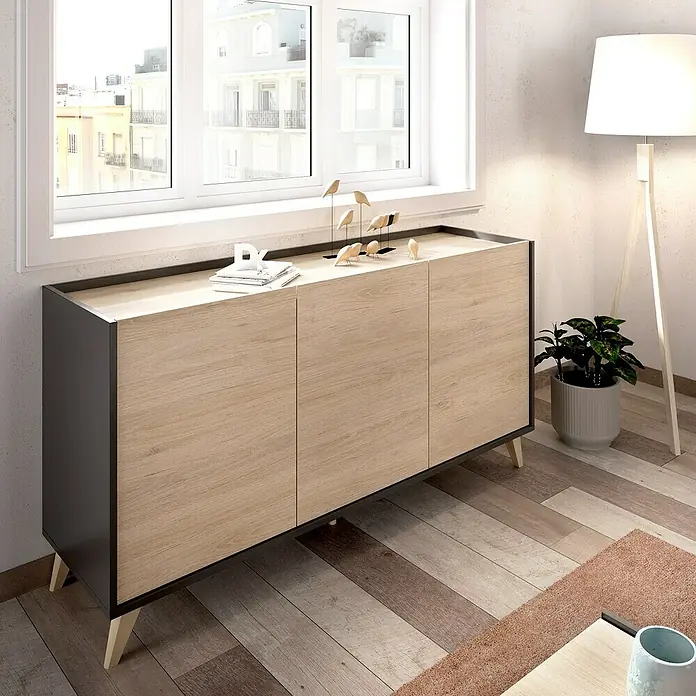 Dekit Aparador Ness - L x An x Al: 43 x 155 x 75 cm, Natural/Grafito - Elegante aparador con acabado de imitación madera, detalles modernos y diseño minimalista, perfecto para espacios de vida elegantes.\n