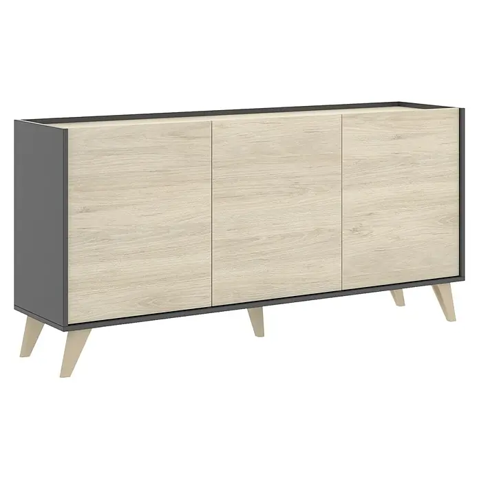 Dekit Aparador Ness - L x An x Al: 43 x 155 x 75 cm, Natural/Grafito - Aparador moderno con acabado de madera, detalles grises y patas claras. Mueble elegante para salas de estar y comedores.