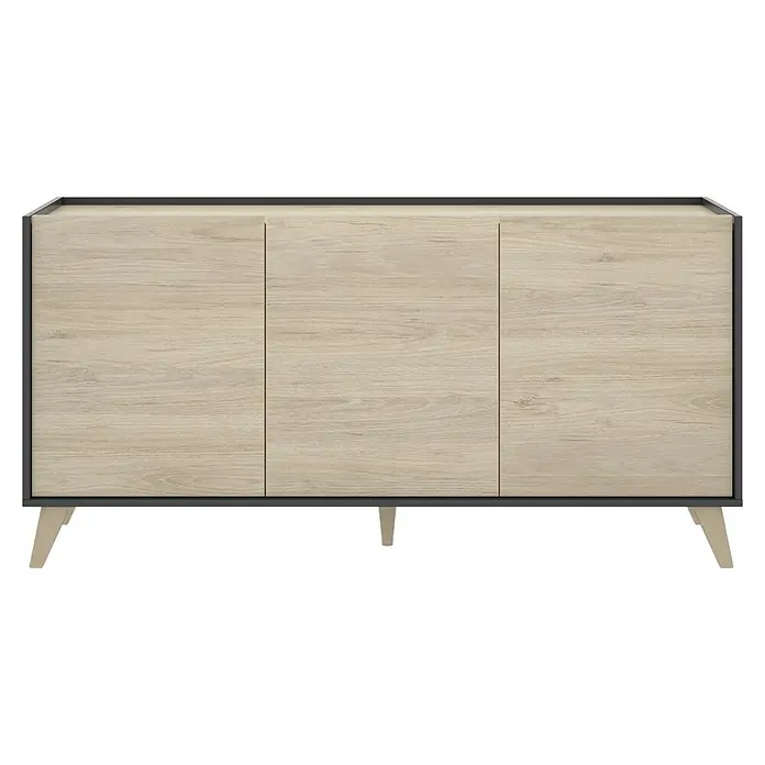 Dekit Aparador Ness - L x An x Al: 43 x 155 x 75 cm, Natural/Grafito - Aparador con tres puertas y diseño minimalista. El mueble está hecho de madera clara y tiene un marco oscuro.