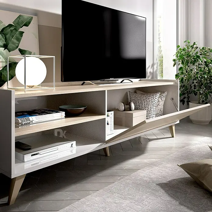 Dekit Mueble para TV Ness - L x An x Al: 43 x 155 x 47 cm, Natural/Blanco - Mueble de TV moderno con estantes abiertos y puerta, ideal para el salón. Diseño elegante y solución de almacenamiento práctica para un ambiente.
