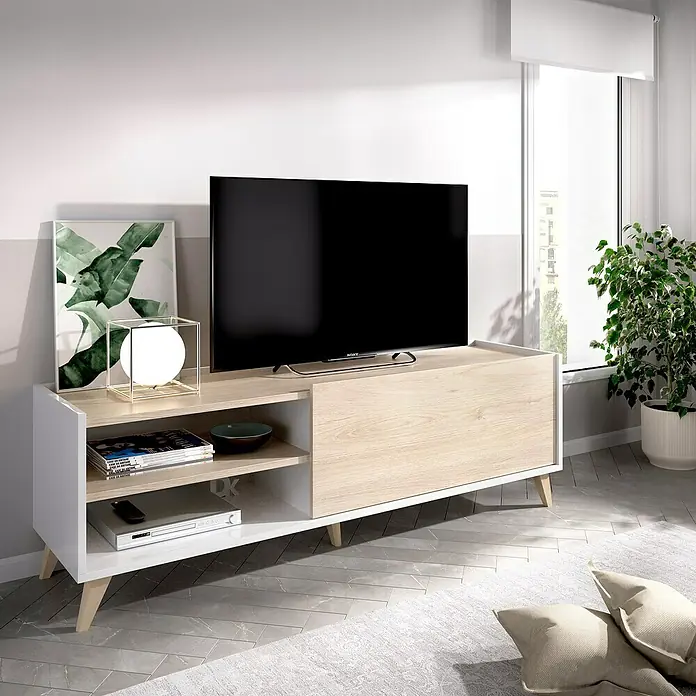 Dekit Mueble para TV Ness - L x An x Al: 43 x 155 x 47 cm, Natural/Blanco - Mueble de TV moderno en blanco y aspecto de madera con TV, decoración y planta para un ambiente de salón elegante.