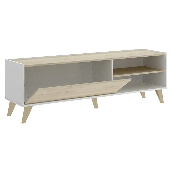 Dekit Mueble para TV Ness - L x An x Al: 43 x 155 x 47 cm, Natural/Blanco - Aparador moderno en blanco y aspecto de madera con puerta abierta y compartimentos de almacenamiento.