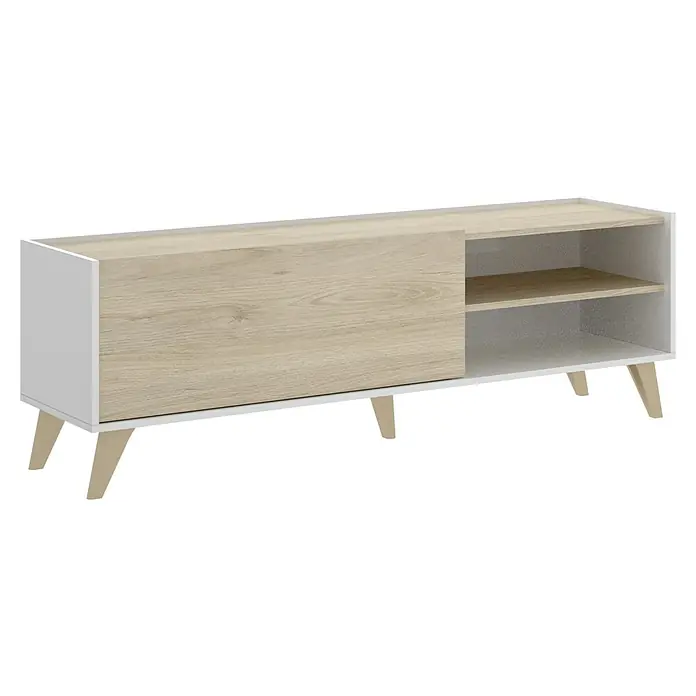 Dekit Mueble para TV Ness - L x An x Al: 43 x 155 x 47 cm, Natural/Blanco - Aparador moderno con puerta corredera con aspecto de madera y compartimentos abiertos, ideal para la sala de estar. El mueble de TV ofrece mucho espacio de almacenamiento.