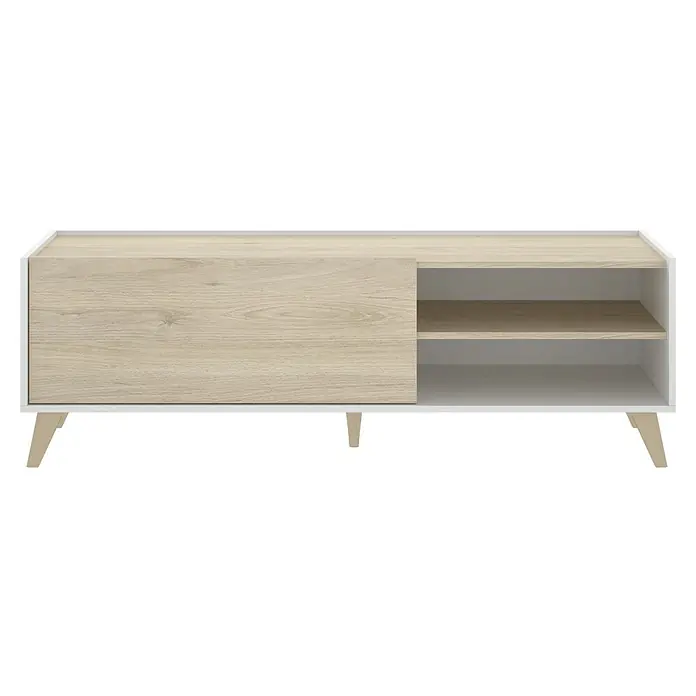 Dekit Mueble para TV Ness - L x An x Al: 43 x 155 x 47 cm, Natural/Blanco - Aparador moderno en blanco y aspecto de madera con puerta corredera y estantes para un almacenamiento elegante en la sala de estar.