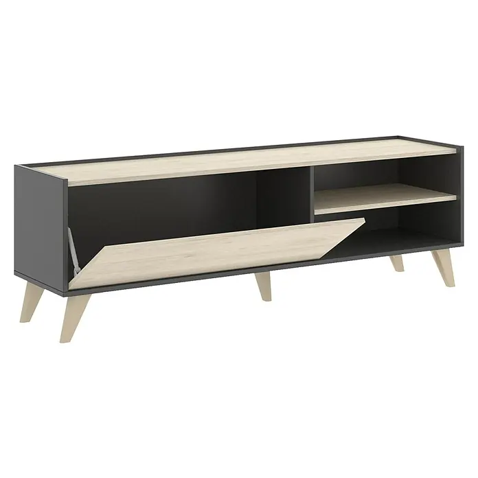 Dekit Mueble para TV Ness - L x An x Al: 43 x 155 x 47 cm, Natural/Grafito - Mueble de TV moderno gris con tapa de madera y puerta que se abre para revelar espacio de almacenamiento.