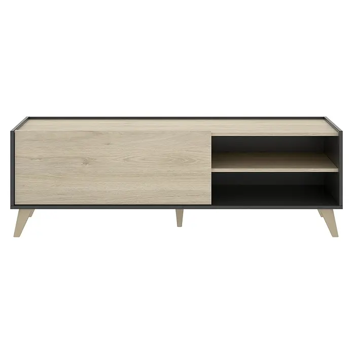 Dekit Mueble para TV Ness - L x An x Al: 43 x 155 x 47 cm, Natural/Grafito - Elegante mueble de TV en gris y beige con aspecto de madera y puerta corredera. Ideal para salones modernos, ofreciendo almacenaje práctico.