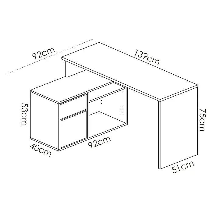 Dekit Mesa de escritorio Rox - L x An x Al: 92 x 139 x 75 cm, Blanco - Vista en perspectiva de un escritorio esquinero con cajones y compartimentos abiertos, con medidas indicadas.