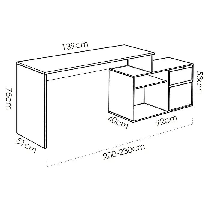 Dekit Mesa de escritorio Rox - L x An x Al: 92 x 139 x 75 cm, Natural/Grafito - Ilustración de un escritorio con estantes y cajones, acompañado de medidas que indican el tamaño del mueble.