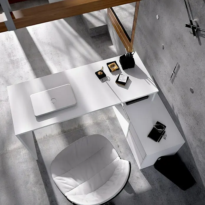Dekit Mesa de escritorio Rox - L x An x Al: 92 x 139 x 75 cm, Blanco - Un escritorio blanco moderno con un diseño minimalista, complementado con accesorios de oficina elegantes y una silla cómoda.