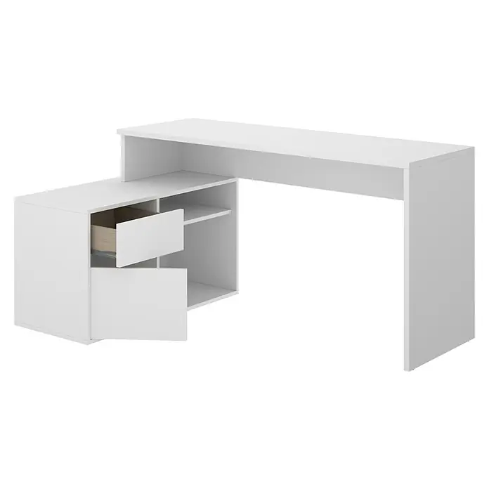 Dekit Mesa de escritorio Rox - L x An x Al: 92 x 139 x 75 cm, Blanco - Elegante escritorio blanco con cajones y estantes para un espacio de trabajo organizado y elegante, perfecto para la oficina o estudio en casa.