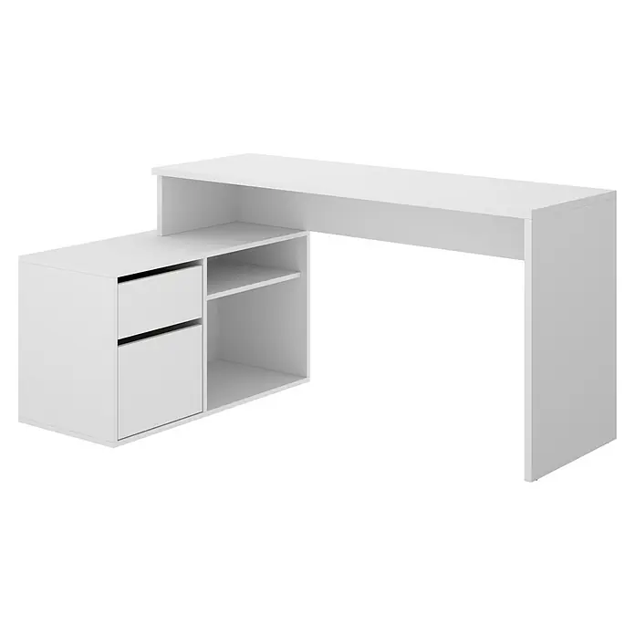 Dekit Mesa de escritorio Rox - L x An x Al: 92 x 139 x 75 cm, Blanco - Un escritorio blanco elegante con estantes y cajones de almacenamiento, perfecto para una oficina en casa o estudio. El diseño funcional ofrece amplio espacio.