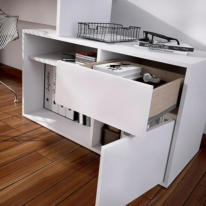 Dekit Mesa de escritorio Rox - L x An x Al: 92 x 139 x 75 cm, Blanco - Primer plano de un armario de oficina blanco con cajón y estantes, ideal para material de oficina y decoración.