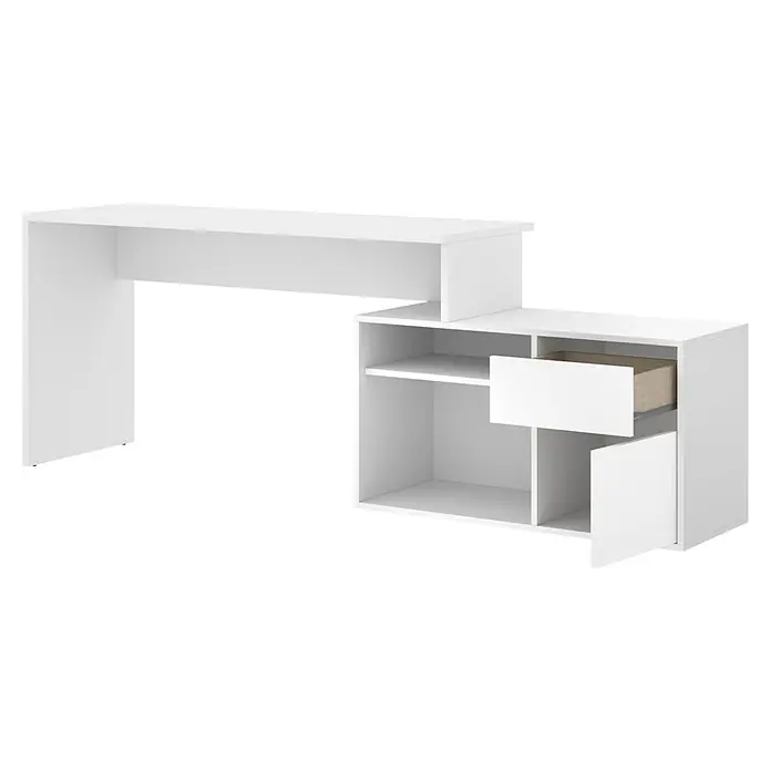 Dekit Mesa de escritorio Rox - L x An x Al: 92 x 139 x 75 cm, Blanco - Mueble blanco moderno con estanterías, un cajón y una puerta para un almacenamiento adicional y una apariencia elegante en la habitación.