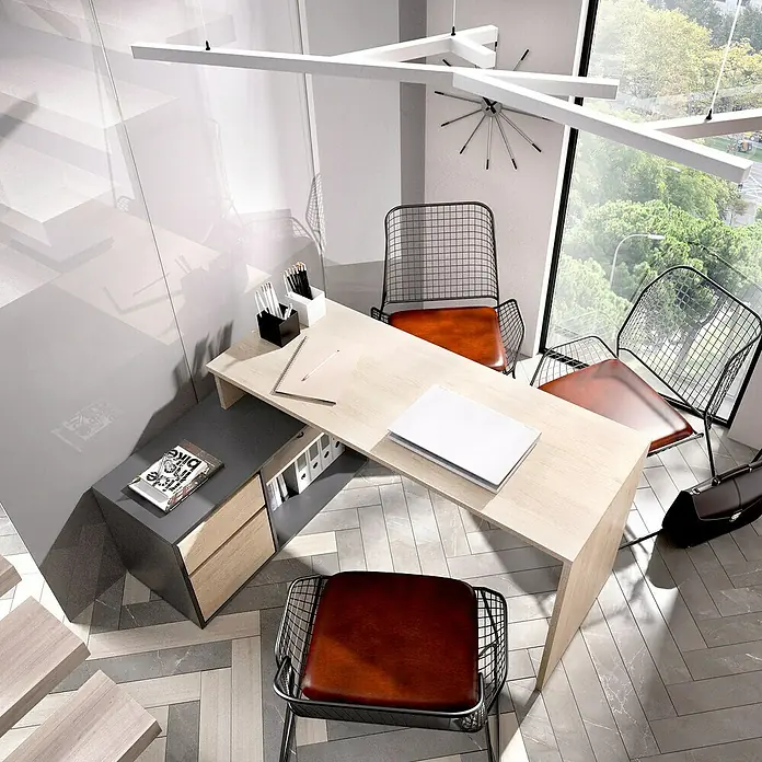 Dekit Mesa de escritorio Rox - L x An x Al: 92 x 139 x 75 cm, Natural/Grafito - Oficina luminosa con un escritorio elegante y sillas de diseño moderno. Líneas limpias y materiales naturales crean un ambiente de trabajo elegante.