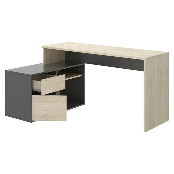 Dekit Mesa de escritorio Rox - L x An x Al: 92 x 139 x 75 cm, Natural/Grafito - Un escritorio moderno en gris y aspecto de madera con cajones y estante, ideal para la oficina o el estudio.