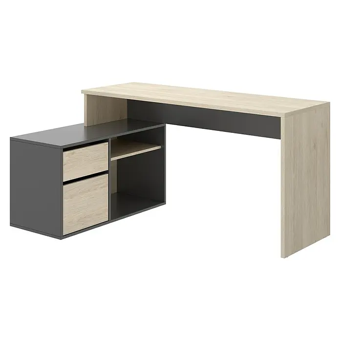 Dekit Mesa de escritorio Rox - L x An x Al: 92 x 139 x 75 cm, Natural/Grafito - Elegante escritorio con cajones y estantes en gris y aspecto de madera. El espacio de trabajo perfecto para la oficina o el hogar.
