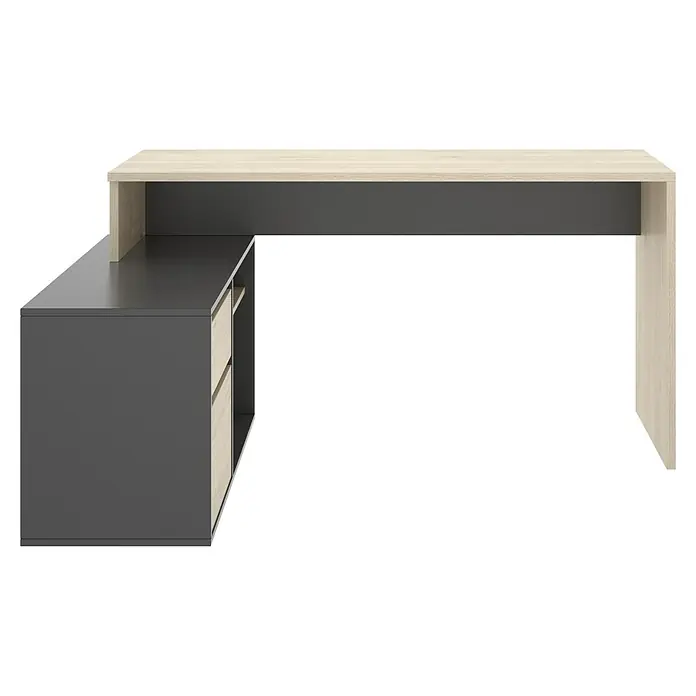 Dekit Mesa de escritorio Rox - L x An x Al: 92 x 139 x 75 cm, Natural/Grafito - Escritorio esquinero de madera y gris para la oficina o la oficina en casa. El escritorio cuenta con un estante y cajones para guardar cosas.