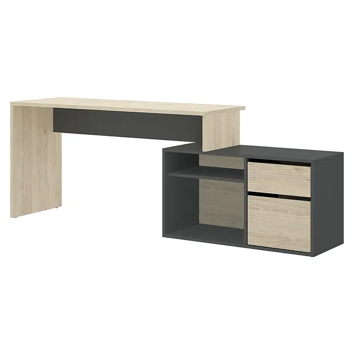 Dekit Mesa de escritorio Rox - L x An x Al: 92 x 139 x 75 cm, Natural/Grafito - Escritorio moderno en gris y aspecto de madera con práctico espacio de almacenamiento y estantes, ideal para la oficina en casa y el estudio.