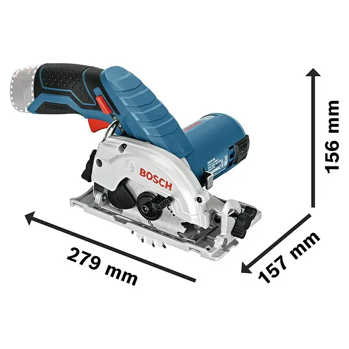 Bosch Professional Akku-Handkreissäge GKS 12V-26 - 12 V, Li-Ionen, Ohne Akku, Sägeblatt: 85 mm, 1.400 U/min - Abbildung einer Bosch Akku-Kreissäge mit Maßangaben. Kompaktes, blaues Elektrowerkzeug für präzise Schnitte mit 279mm Länge, 157mm Breite und 156mm Höhe.