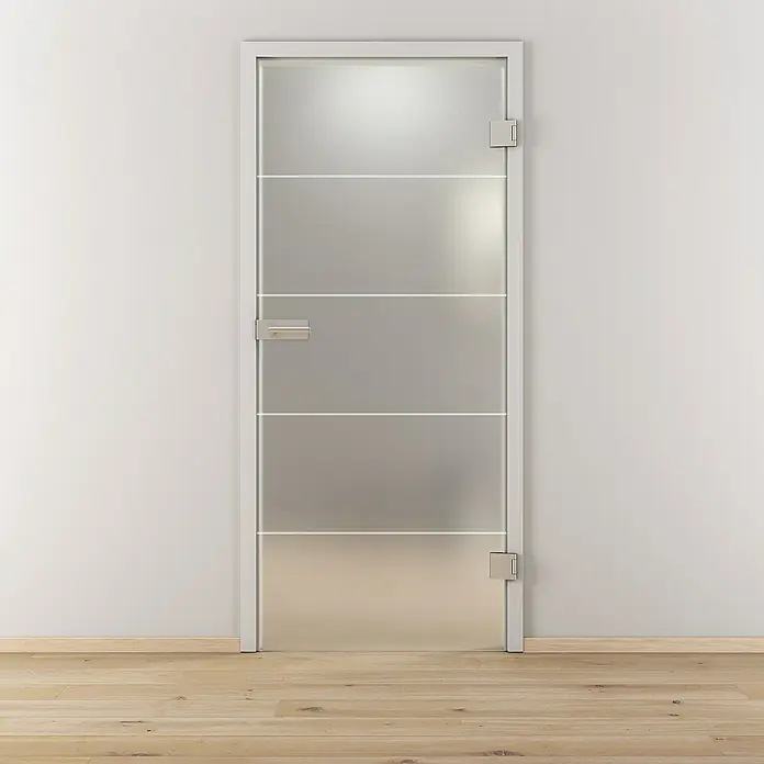 Diamond Doors Glasdrehtür 582 - 709 x 1.972 mm, DIN Anschlag: Rechts, Milchglas - Elegante Glastür mit mattierten Streifen und silbernem Türgriff, die ein modernes und helles Ambiente schafft. Ideal für stilvolle Innenräume.