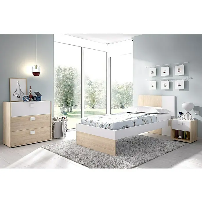 Dekit Cama Dina - L x An x Al: 196 x 97 x 79 cm, Natural/Blanco, Sin cajones - Habitación infantil moderna con cama individual, cómoda y mesita de noche en blanco y madera, ideal para un ambiente elegante y acogedor.