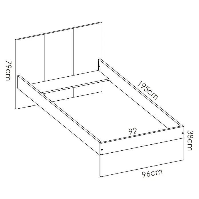 Dekit Cama Dina - L x An x Al: 196 x 97 x 79 cm, Natural/Blanco, Sin cajones - Dibujo esquemático detallado de una cama individual con cabecero, que muestra las dimensiones en centímetros, sobre un fondo negro.