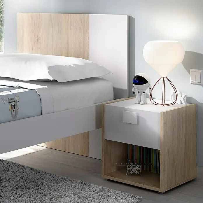 Dekit Mesita de noche Dina - L x An x Al: 33 x 40 x 42 cm, Natural/Blanco, Número de cajones: 1 ud. - Mesita de noche moderna en blanco y aspecto de madera con lámpara y figura de robot, un complemento ideal para cualquier dormitorio.