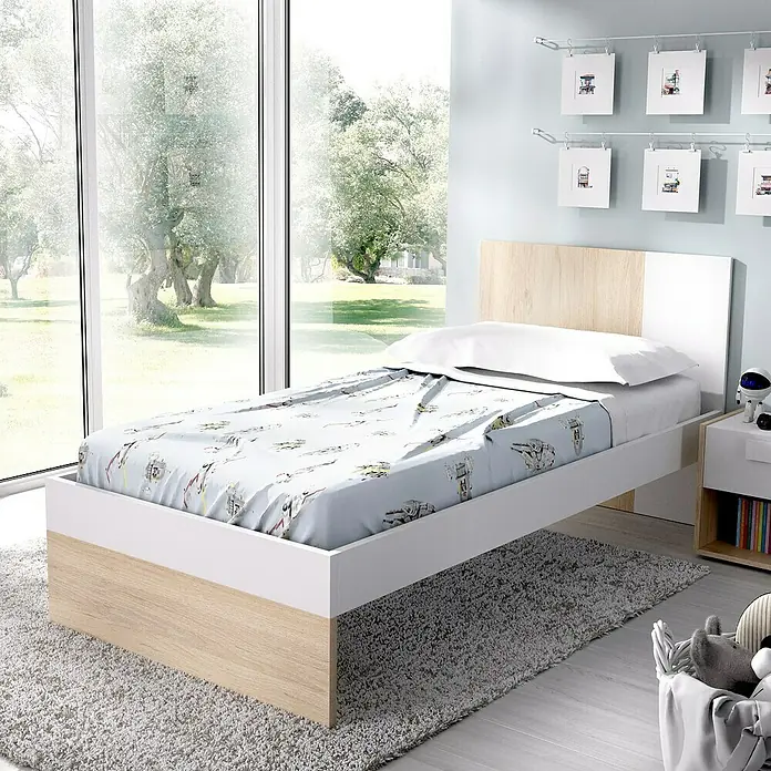 Dekit Cama Dina - L x An x Al: 196 x 97 x 79 cm, Natural/Blanco, Sin cajones - Una habitación infantil moderna con una elegante cama individual con detalles en madera clara y blanco, creando un espacio acogedor para soñar.