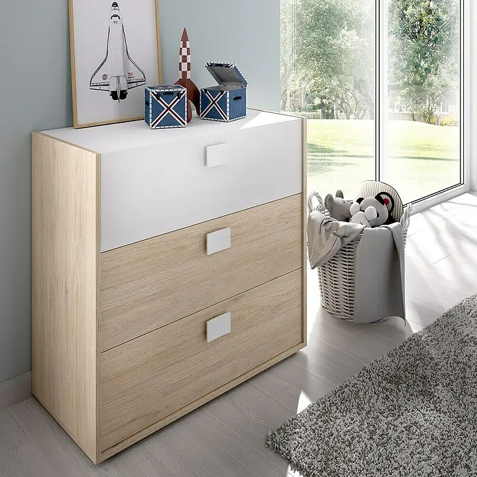 Dekit Cómoda Dina - L x An x Al: 41 x 81 x 81 cm, Natural/Blanco, Número de cajones: 3 ud. - Cómoda infantil con tres cajones en blanco y aspecto madera, ideal para guardar ropa y juguetes de bebé.