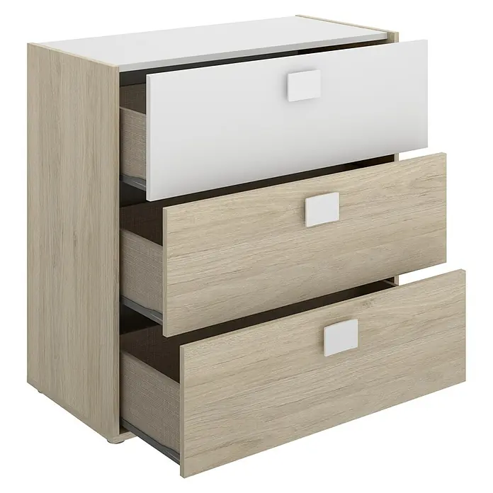 Dekit Cómoda Dina - L x An x Al: 41 x 81 x 81 cm, Natural/Blanco, Número de cajones: 3 ud. - Cómoda de tres cajones, uno blanco y dos de imitación madera, con los cajones abiertos para mostrar el espacio de almacenamiento.