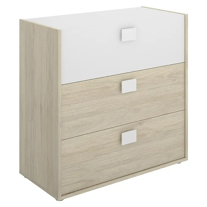 Dekit Cómoda Dina - L x An x Al: 41 x 81 x 81 cm, Natural/Blanco, Número de cajones: 3 ud. - Cómoda con tres cajones. El cuerpo es en tono de madera clara, el cajón superior es blanco. Los tiradores son cuadrados y blancos.