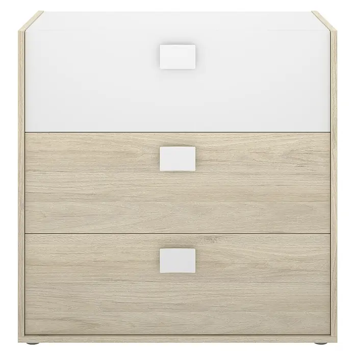 Dekit Cómoda Dina - L x An x Al: 41 x 81 x 81 cm, Natural/Blanco, Número de cajones: 3 ud. - Cómoda con tres cajones, uno blanco y dos con vetas de madera, que ofrece almacenamiento adicional y organización para el dormitorio.