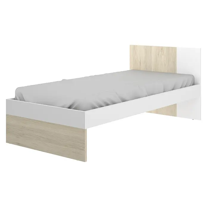 Dekit Cama Dina - L x An x Al: 196 x 97 x 79 cm, Natural/Blanco, Sin cajones - Elegante cama individual con decoración de madera clara y estructura blanca. Su diseño moderno añade un toque de estilo a cualquier habitación.