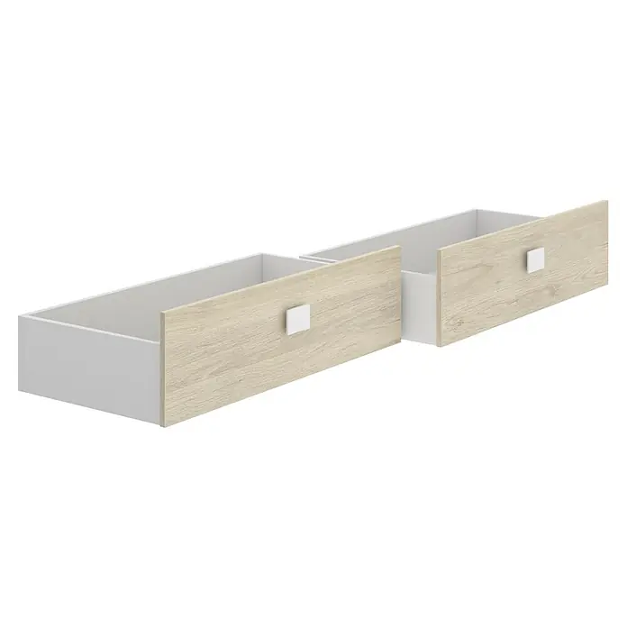 Dekit Cama Dina con cajones - 3 pzs., Natural/Blanco - Dos cajones abiertos con frentes de madera clara y tiradores cuadrados blancos. Ideales para añadir espacio de almacenamiento.