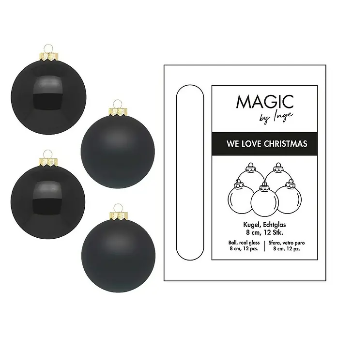 Weihnachtskugeln - Ebony Black, Glas, Durchmesser: 8 cm, 12 Stk. - Produktbild von Magic by Inge Weihnachtskugeln, Echtglas, 8 cm, 12 Stück, in Schwarz. Ideal für festliche Dekorationen.