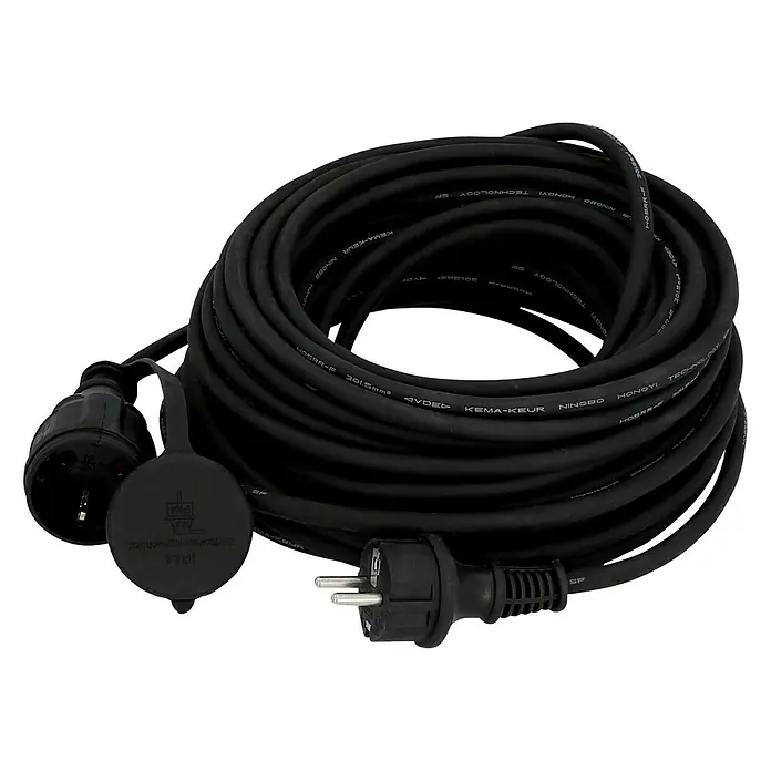 Verlängerungskabel - 25 m, Schwarz, IP44, H05RR-F - Schwarzes Verlängerungskabel mit Schutzkontaktstecker und -kupplung für den Außenbereich.