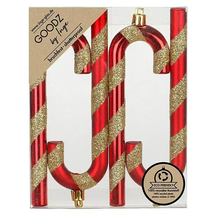Christbaumschmuck Zuckerstangen - Rot, Gold, Kunststoff, 4 Stk. - Set rote und goldglitzernde Zuckerstangen-Weihnachtsornamente aus 100% recyceltem, bruchfestem Kunststoff in Klarsichtverpackung.