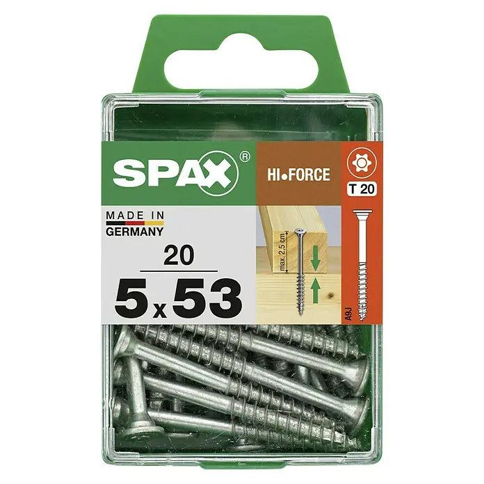 Spax T-Star plus Tellerkopfschraube - Ø x L: 5 x 53 mm, WIROX Oberfläche, T-Star plus, 20 Stk. - Eine Packung Spax Hi-Force Schrauben (5x53 mm) mit Torx T20-Antrieb, hergestellt in Deutschland, ideal für Holzverbindungen bis 2,5 cm Dicke.