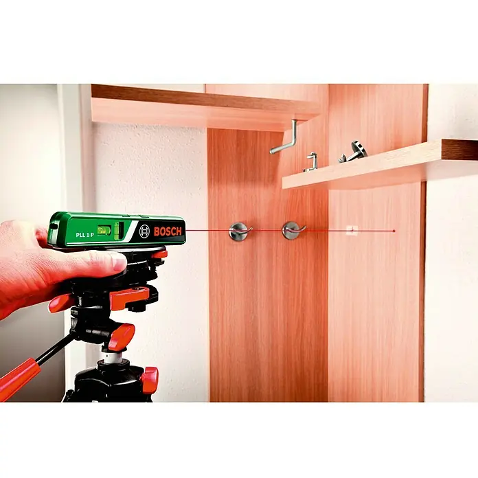 Bosch Nivel láser PLL1P - Zona de trabajo máx.: 5 m - El láser de líneas Bosch PLL 1 P proyecta líneas horizontales precisas para una alineación exacta en montaje.