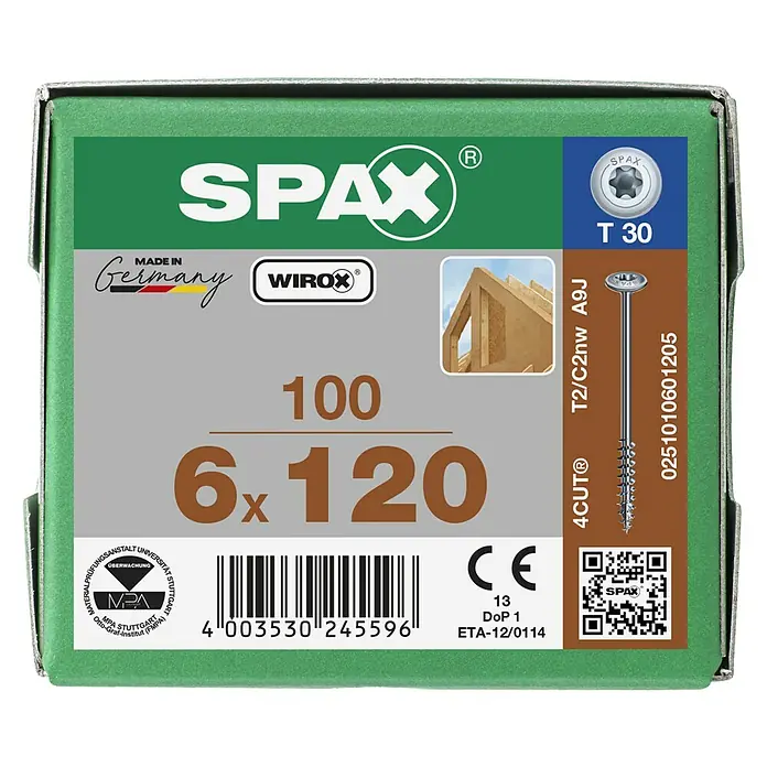 Spax HI FORCE Tellerkopfschraube HI.FORCE WIROX - Ø x L: 6 x 120 mm, WIROX Oberfläche, T-Star plus, 100 Stk. - Abbildung einer Spax-Schraubenbox, die 100 Schrauben der Größe 6x120 enthält, hergestellt in Deutschland und mit WIROX-Beschichtung.