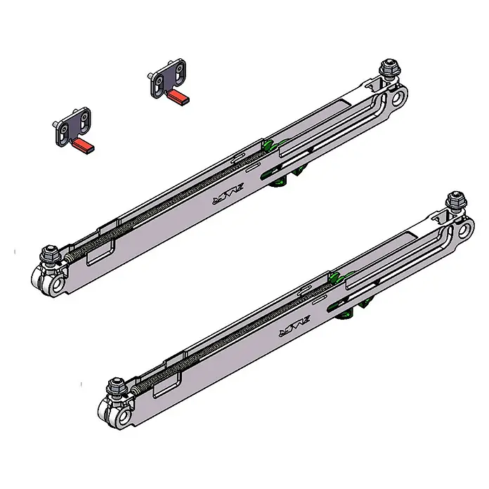 Diamond Doors Zubehör-Set Linea 40 Premium - 100 x 40 mm, Passend für: Diamond Doors Glasschiebetür-Beschlag Linea 40 Premium - Drei DMAX-Produkte, darunter zwei lange Stangen und ein Satz von Wandhalterungen, werden auf schwarzem Hintergrund gezeigt.