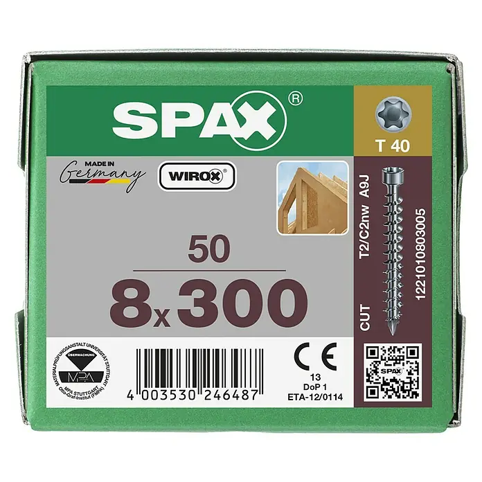 Spax Holzschraube IN.FORCE - Ø x L: 8 x 300 mm, WIROX Oberfläche, T-Star plus, 50 Stk. - Bild einer grünen Spax-Schraubenverpackung, die Details wie Größe (8x300), Menge (50) und T40-Bohrkopf zeigt.