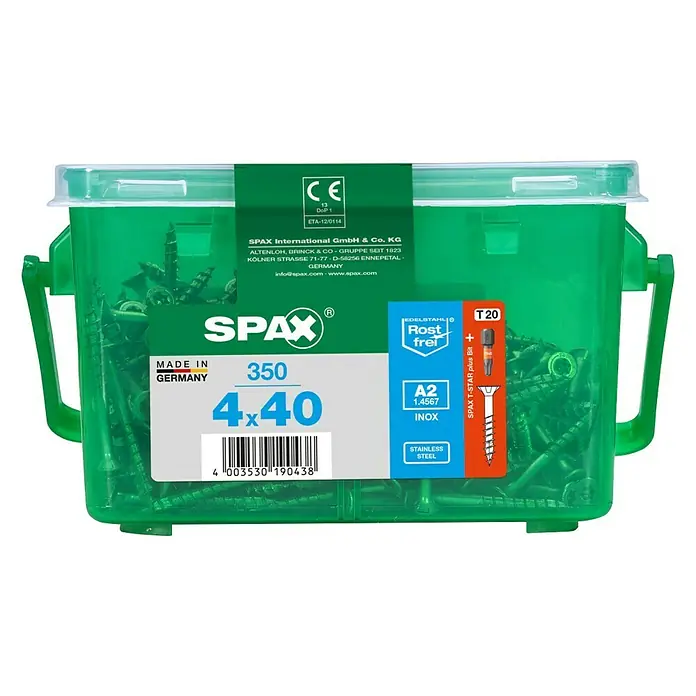 Spax Senkkopfschraube T-Star Plus - Ø x L: 4 x 40 mm, Edelstahl rostfrei A2, 350 Stk., Teilgewinde - Dose SPAX 4x40 Schrauben: Edelstahl, rostfrei, Made in Germany. Ideal für vielfältige Anwendungen im Innen- und Außenbereich.