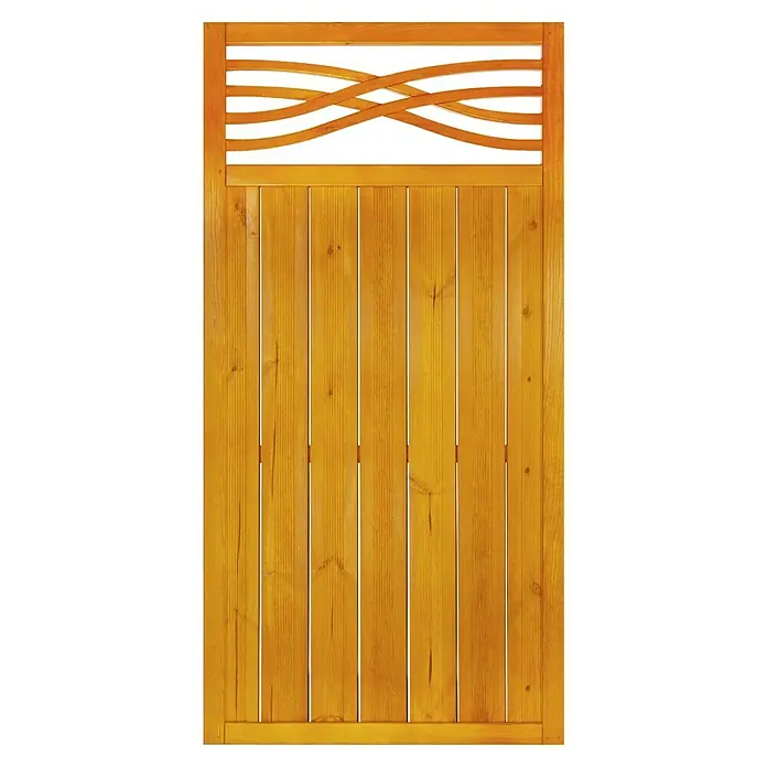 Andrewex Sichtschutzelement Malaga I - B x H: 90 x 180 cm, Pinie - Nahaufnahme eines Holzzauns mit dekorativem, geflochtenem Oberteil, der rustikalen Charme und Privatsphäre für jeden Garten bietet.