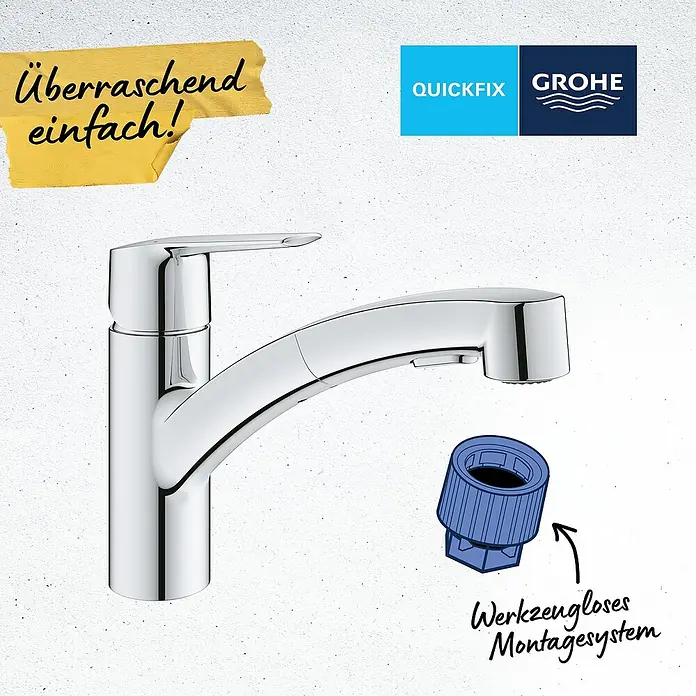 Grohe QuickFix Spültischarmatur Start - Chrom, Ausziehbar, Glänzend - Produktabbildung einer eleganten Grohe Küchenarmatur mit Quickfix-System für überraschend einfache Montage ohne Werkzeug.